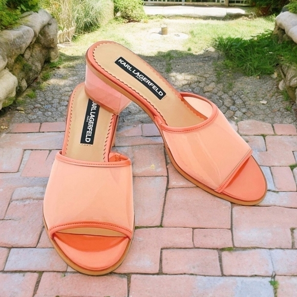 NIB KARL LAGERFELD Paris Coral Transparent Slip-On Block Heel Sandals Size 6 - Picture 1 of 10